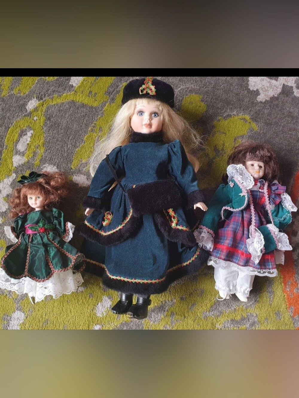 Collection of 3 vintage collectible porcelain dolls in Victorian attire